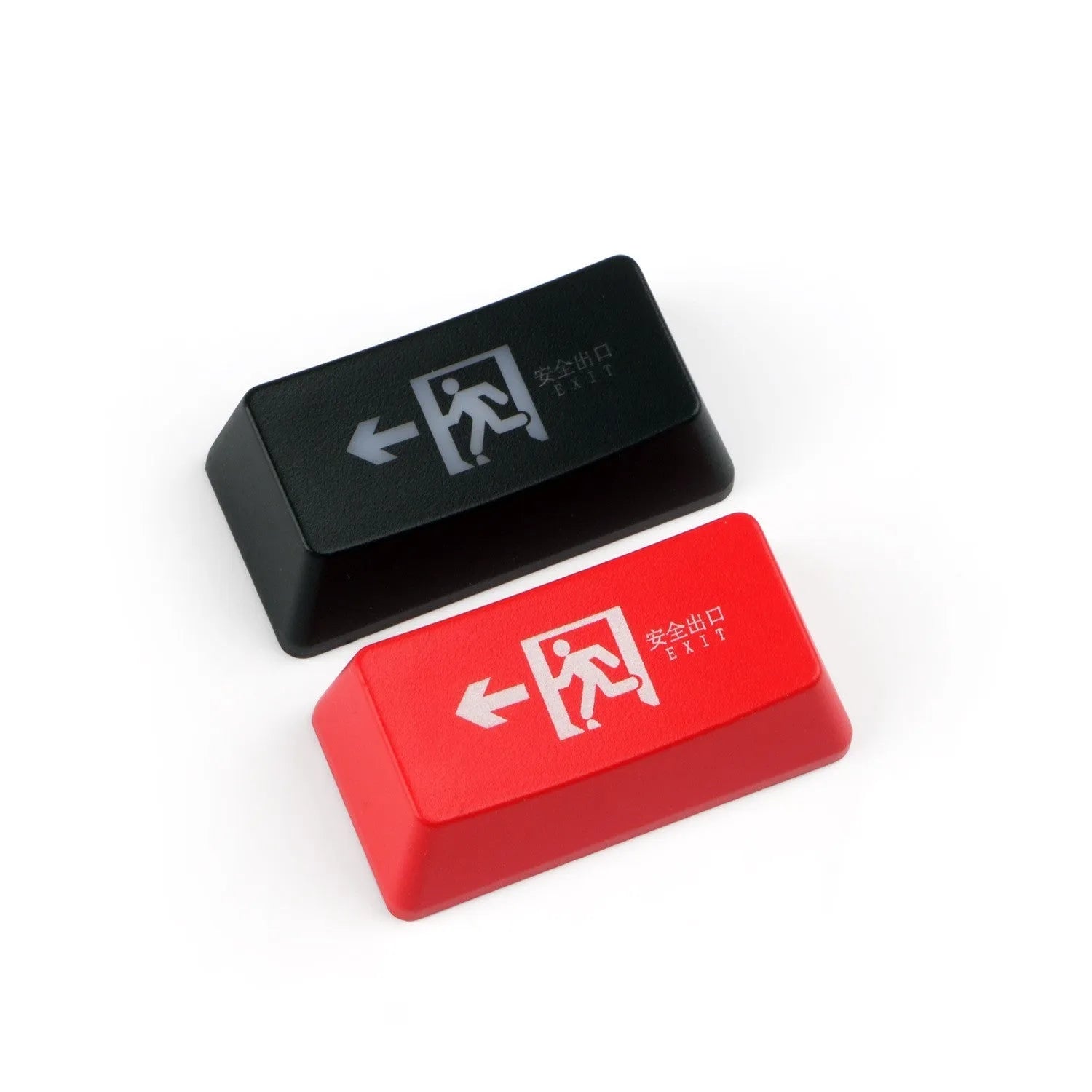 Transparent mechanical keyboard key cap with red evacuation exit symbol for backspace function