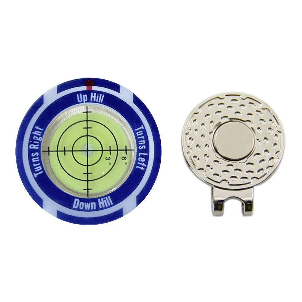 Golf level hat clip measurement tool with green level face and position marks in six colour options