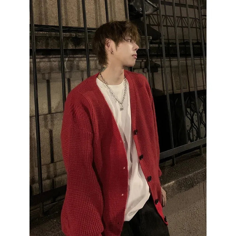 Men's casual V-neck cardigan sweater in army green, loose fit, long sleeve