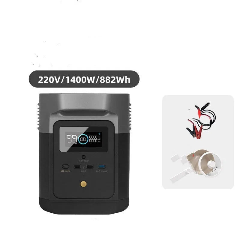 Rui Pro 720Wh portable power station with multiple output ports on a wooden table outdoors.