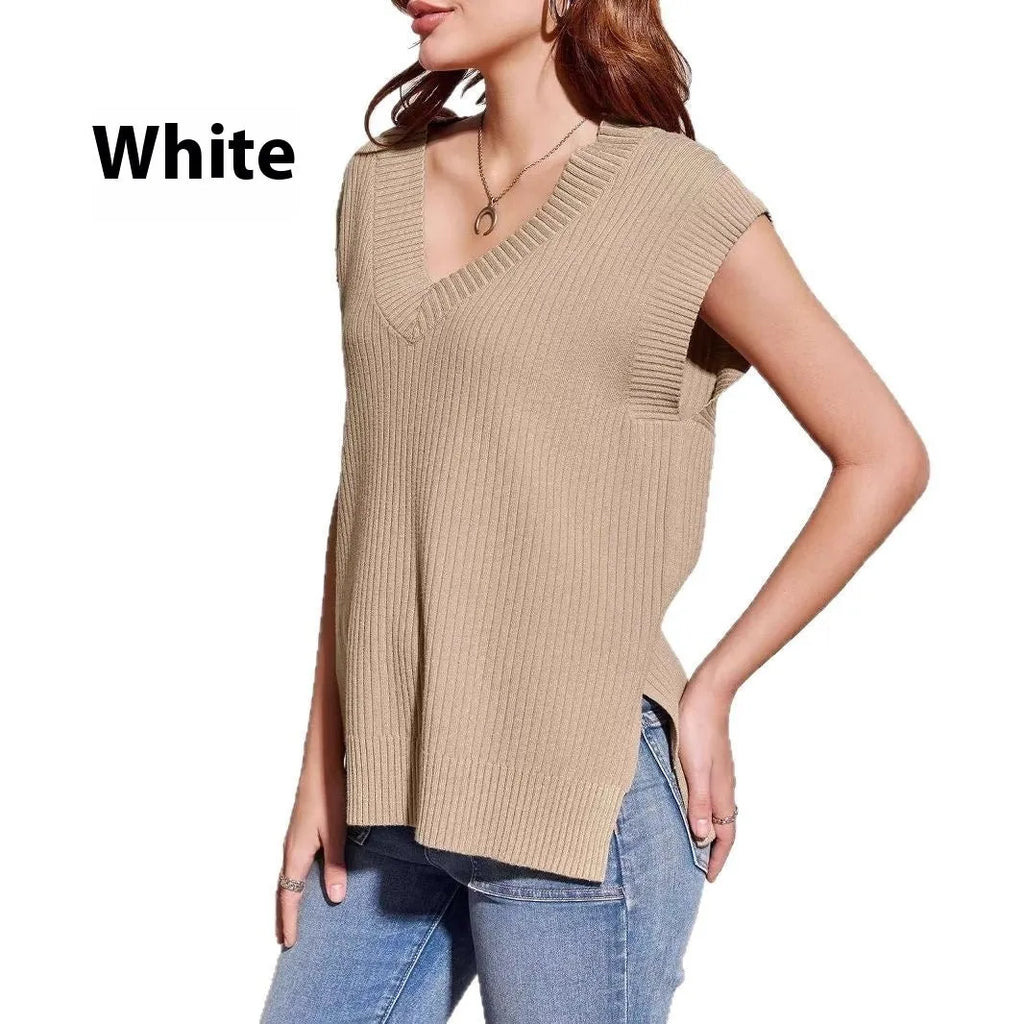 Women's camel colour V-neck sleeveless casual vest in loose fit viscose fabric