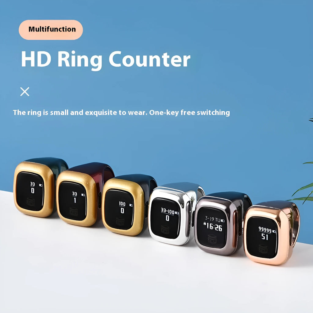 Al-fatiha electronic counter display with black casing shown next to rose gold and silver versions.