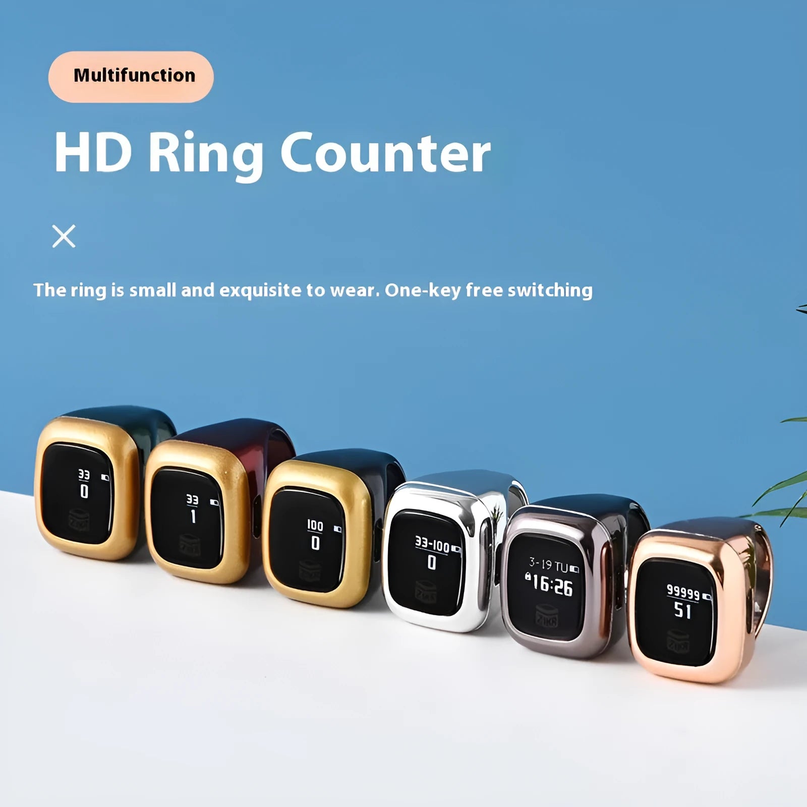 Al-fatiha electronic counter display with black casing shown next to rose gold and silver versions.
