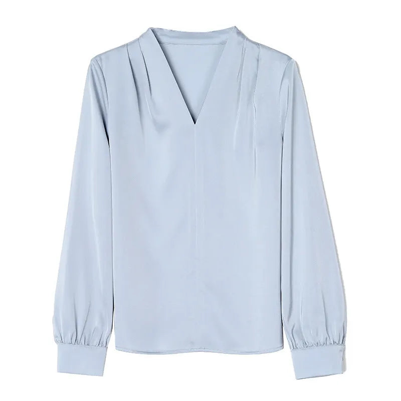 Women's slim fit satin shirt with long sleeves and 3D stitching in blue colour