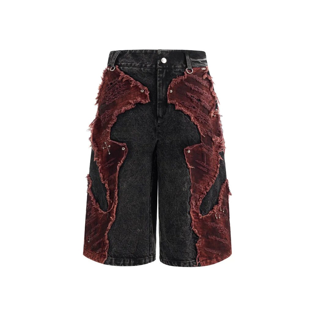 Distressed wide-leg denim cropped pants with brushed stitching and mid-high waist