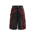 Distressed wide-leg denim cropped pants with brushed stitching and mid-high waist