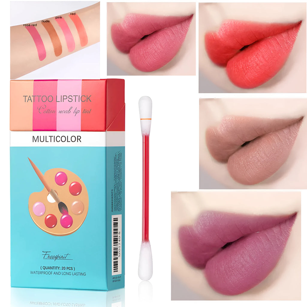 20 cotton swab lipsticks in a cigarette box packaging on a table