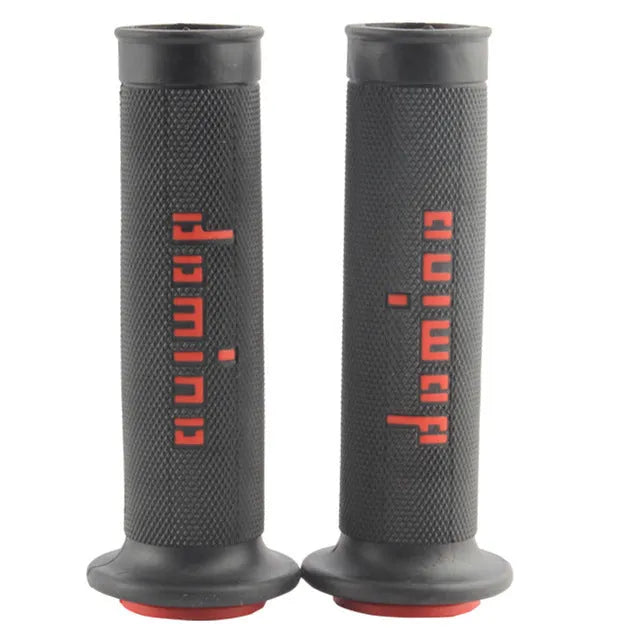 A pair of motorcycle handle gel grips in rubber, showing 22mm and 24mm size options and multiple colour choices.