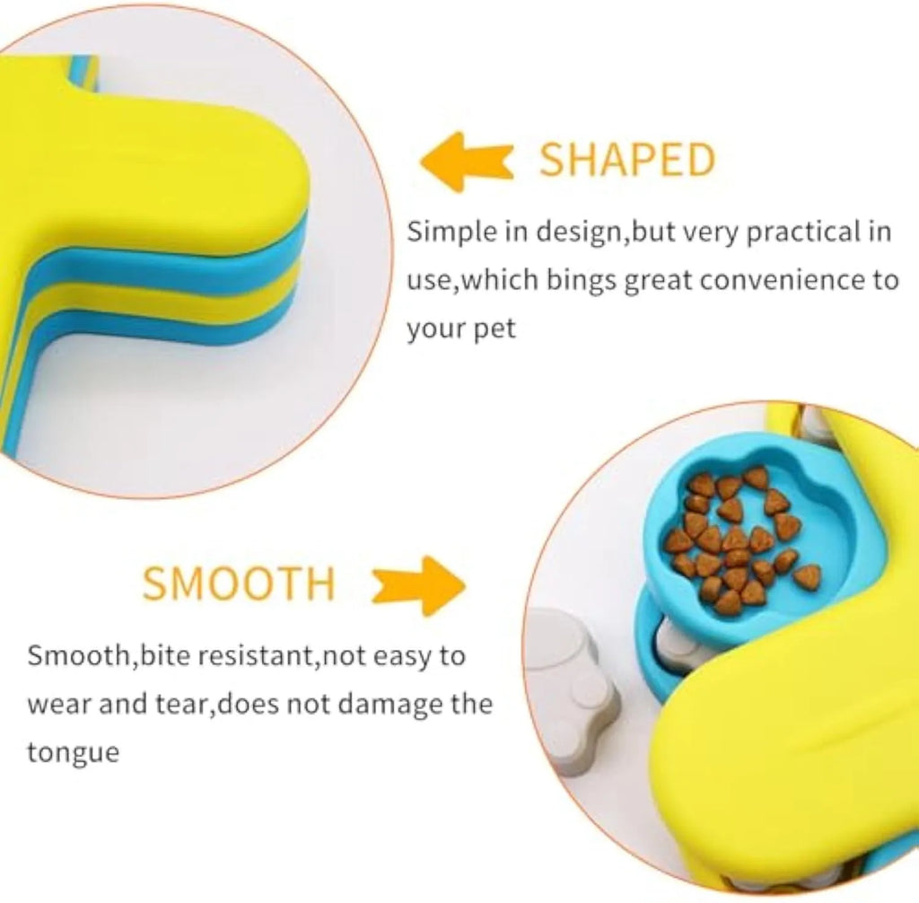 Yellow three-layer rotating dog puzzle feeder with claw-shaped lids and anti-slip rubber pads on the base.