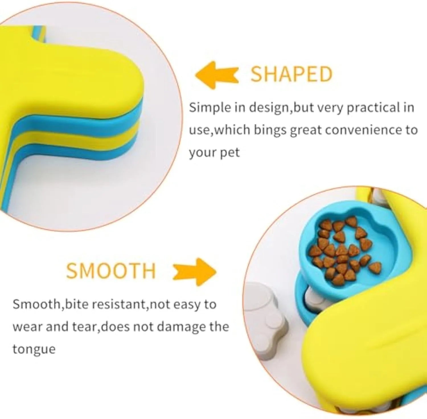 Yellow three-layer rotating dog puzzle feeder with claw-shaped lids and anti-slip rubber pads on the base.