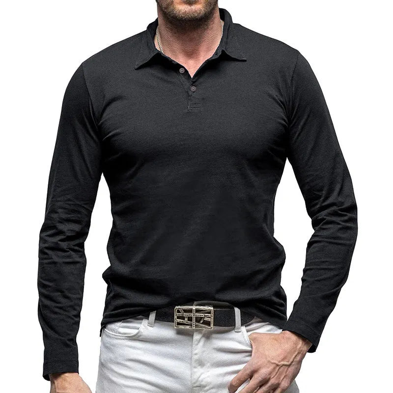 Men's dark grey cotton long sleeve T-shirt with a polo collar laid flat.