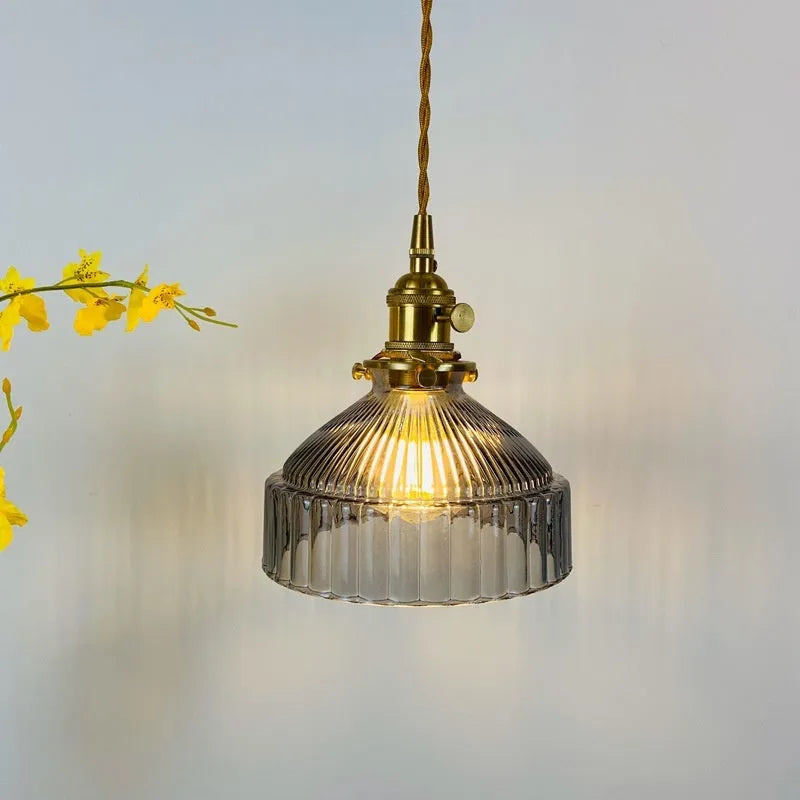 Nordic retro brass and glass chandelier with adjustable suspension and coloured glass shade
