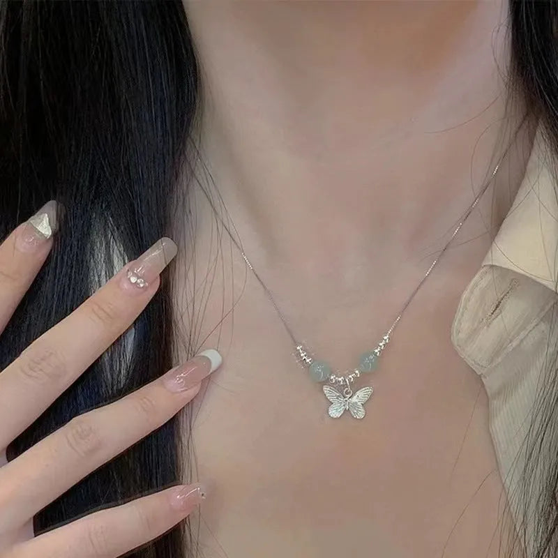 Hetian jade butterfly bracelet or necklace in electroplated copper, women's niche jewellery, silver tone