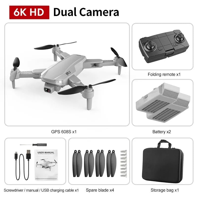 S608 PRO quadcopter in orange with dual cameras, foldable propellers, and GPS module on black background