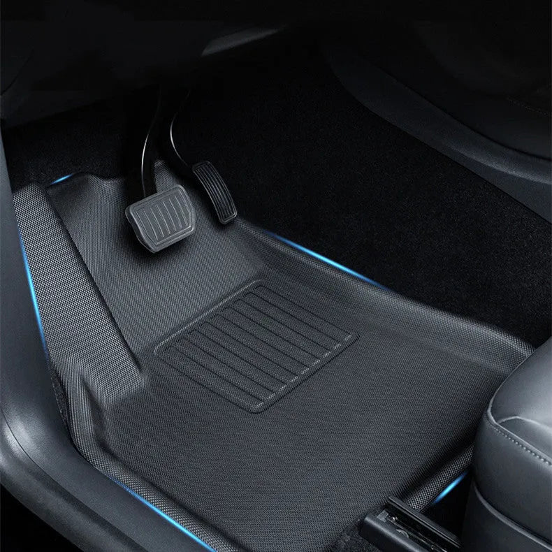 TPR floor mats for Tesla Model Y including foot mats, storage box mats, and tailbox protection