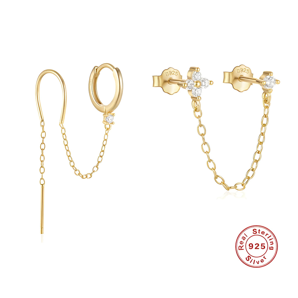 S925 sterling silver flower-shaped earring with a dangling chain tassel in a gold colour finish.