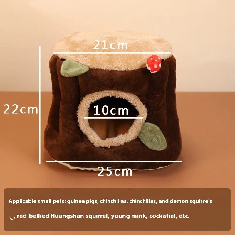 Brown cloth rabbit stump nest pet bed shown in small, medium, and large sizes.