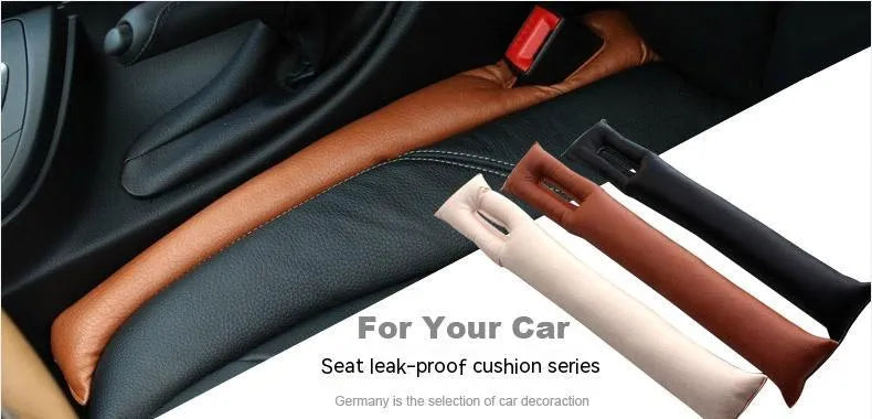 Leather-look PU car seat gap filler strip in black, beige, brown, and grey colours.