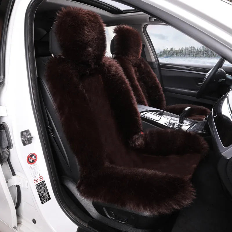 Purple plush car seat cushion set for driver and passenger seats with thickened winter padding