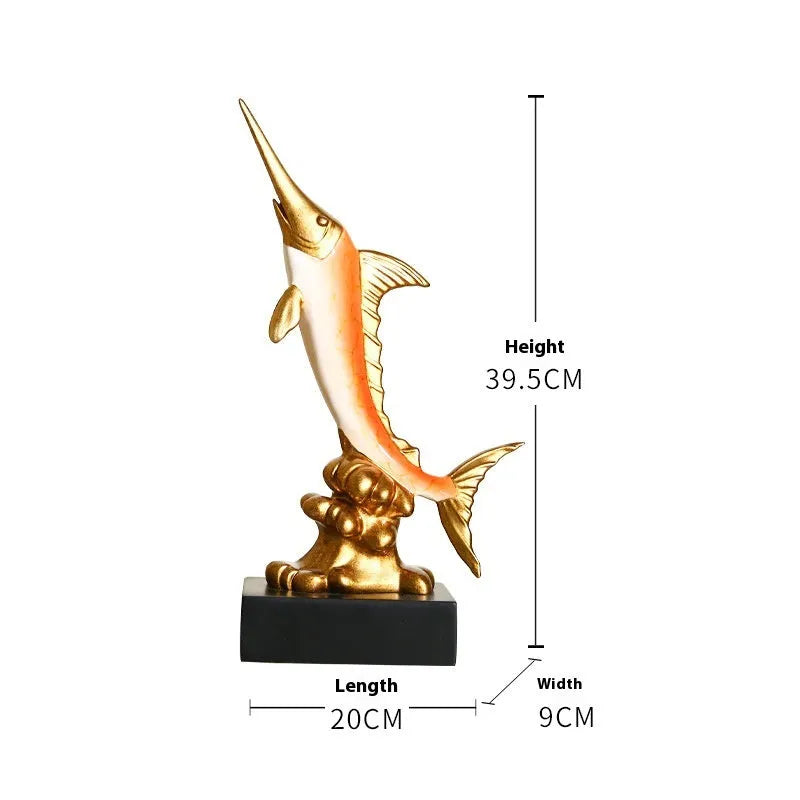 European-style resin swordfish decorative ornament in a choice of four colours on a shelf.