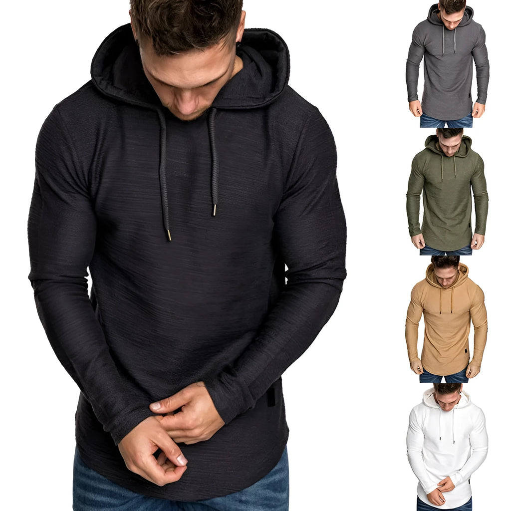Men's slim fit hoodie in black, cotton blend, long sleeve pullover with hood, casual gym top.