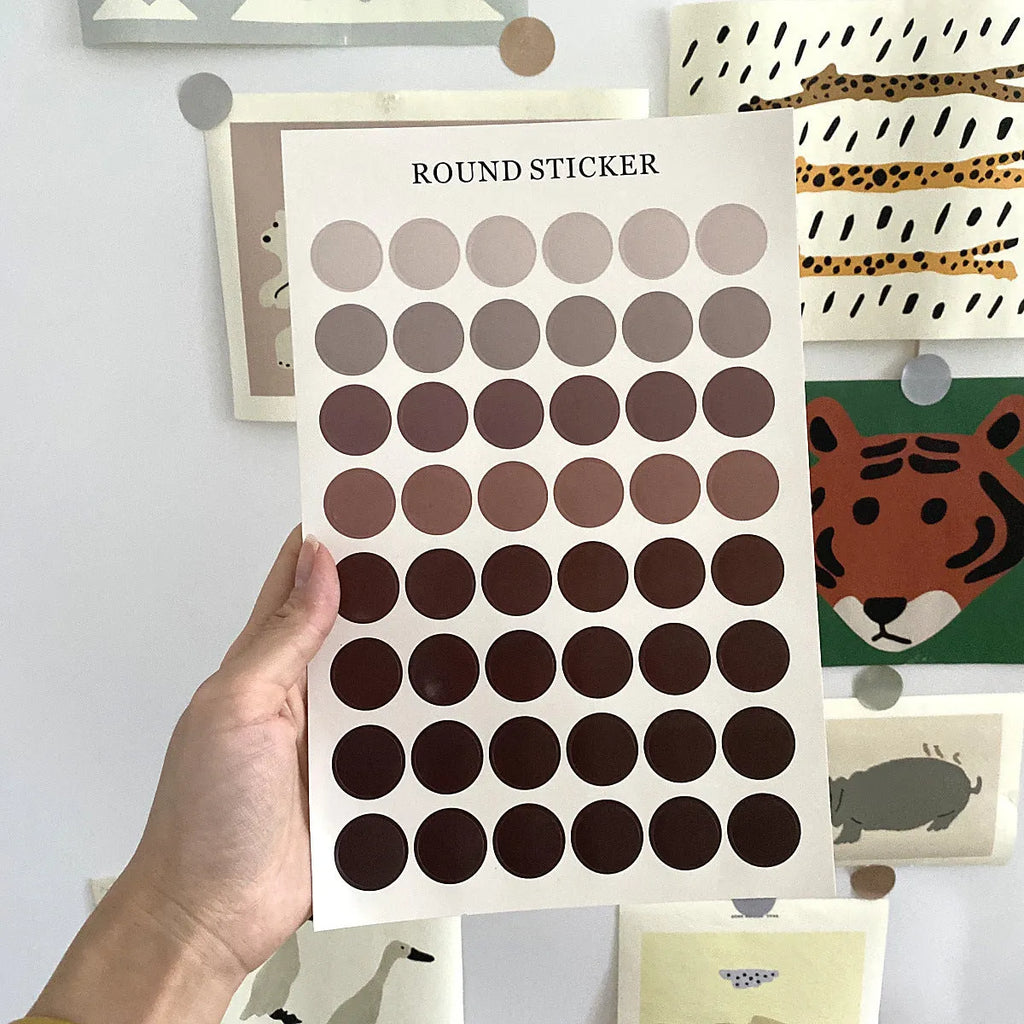 Morandi earth colour polka dot hand account seal sticker sheet with 48 individual 2cm circles.