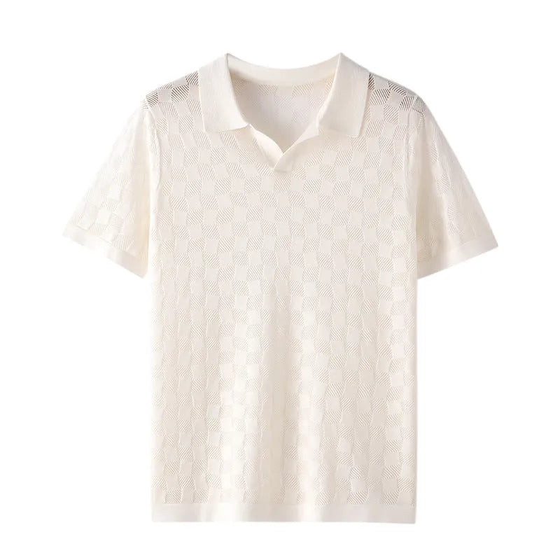 Men's short sleeve business casual sweater with lapels in mulberry silk, Jacquard weave texture