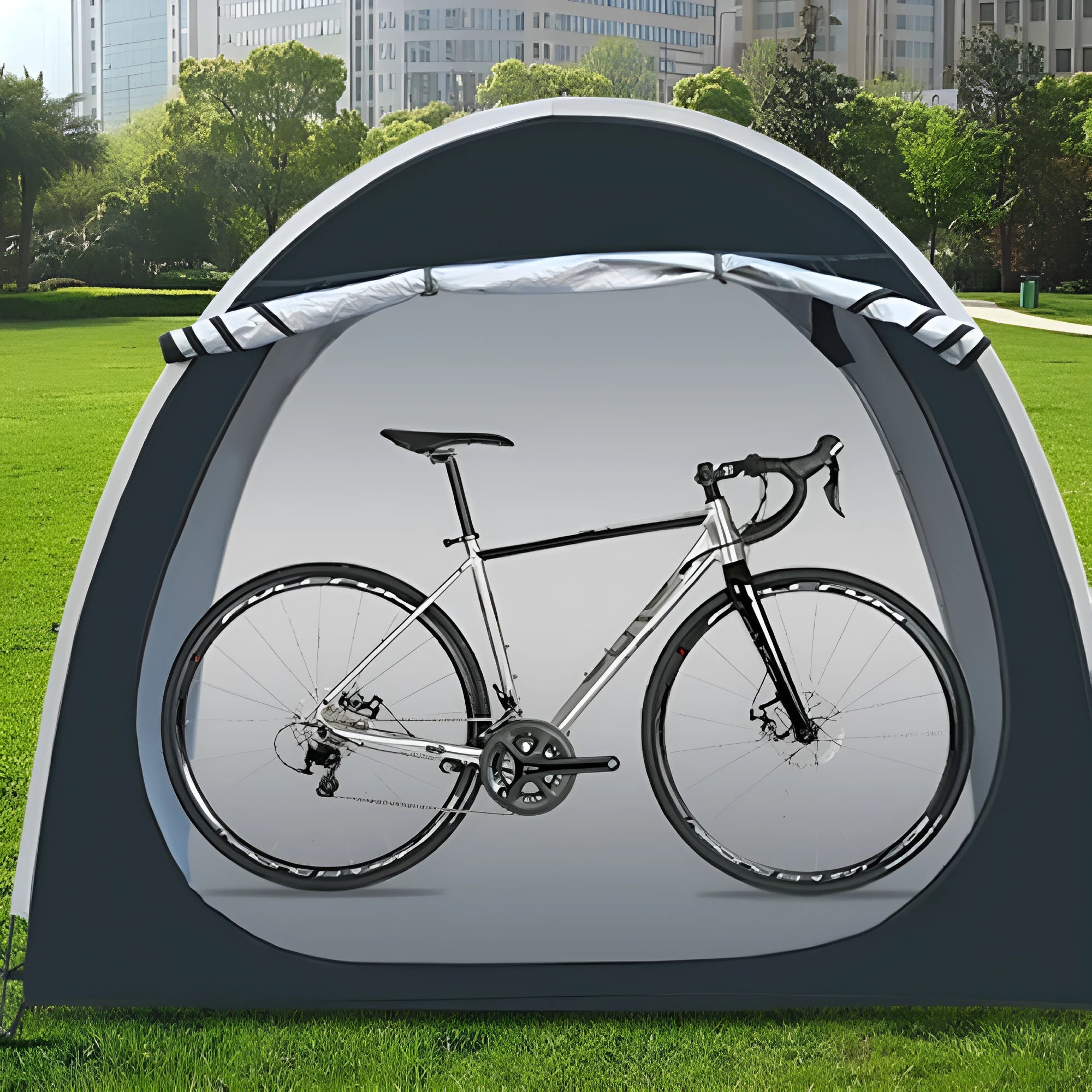 Black outdoor bicycle storage tent providing covered parking for 2-3 bicycles with dimensions 185cm x 65cm x 165cm