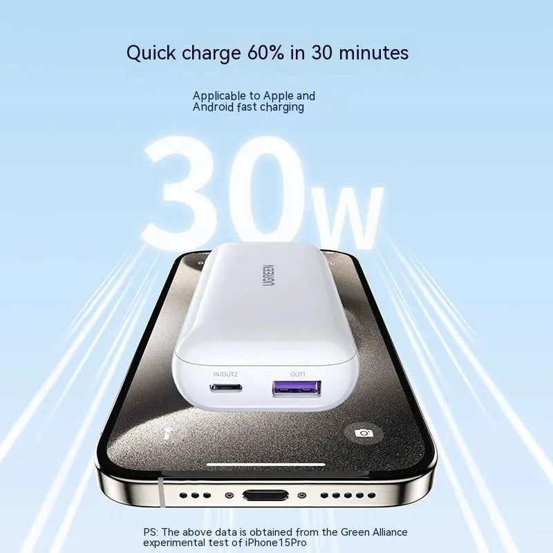 30W Fast Charge 10000 mAh power bank in Cloud White with plastic shell, showing USB-C and USB-A ports, compact size
