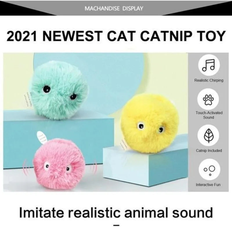 Interactive cat toy ball in blue, pink, or yellow with 55mm diameter and animal sound activation