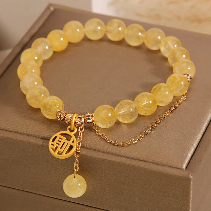 Citrine Chinese character bracelet with tassel detailing showing Caizi and Fu design options