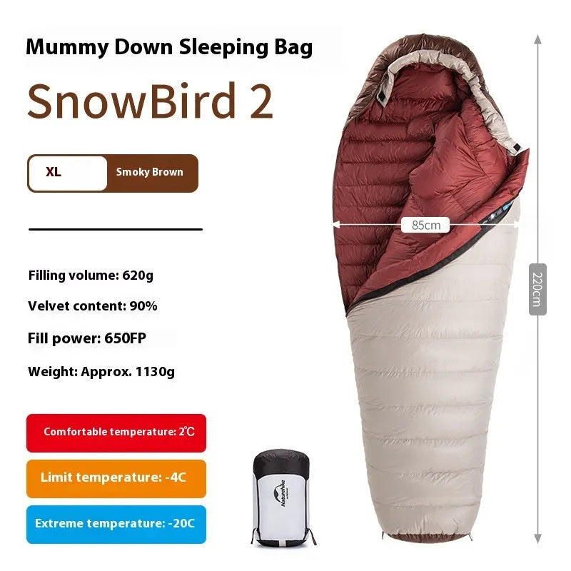 Mummy style goose down sleeping bag with storage bag for camping