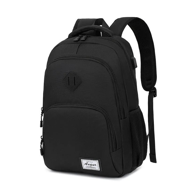 Grey lightweight nylon USB charging backpack with trolley sleeve, shown next to a phone and power bank.