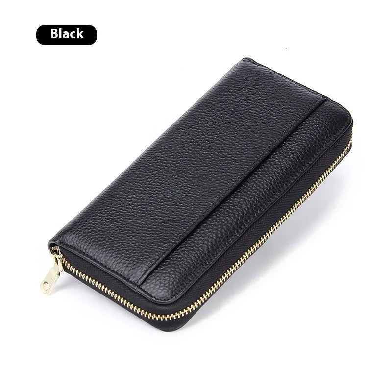 Women's long genuine leather bifold wallet in multiple colours, showing large capacity and card slots.