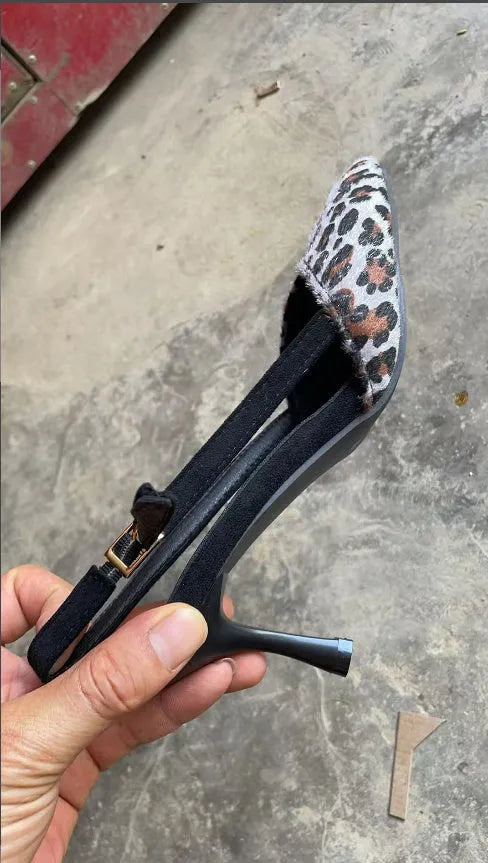 Leopard print suede women's sandals with scattered pointed toe design and high heels