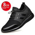 Men's black casual sneakers with round toe and low-top design for invisible height increase.