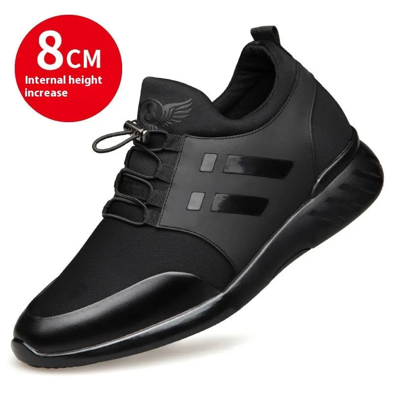 Men's black casual sneakers with round toe and low-top design for invisible height increase.