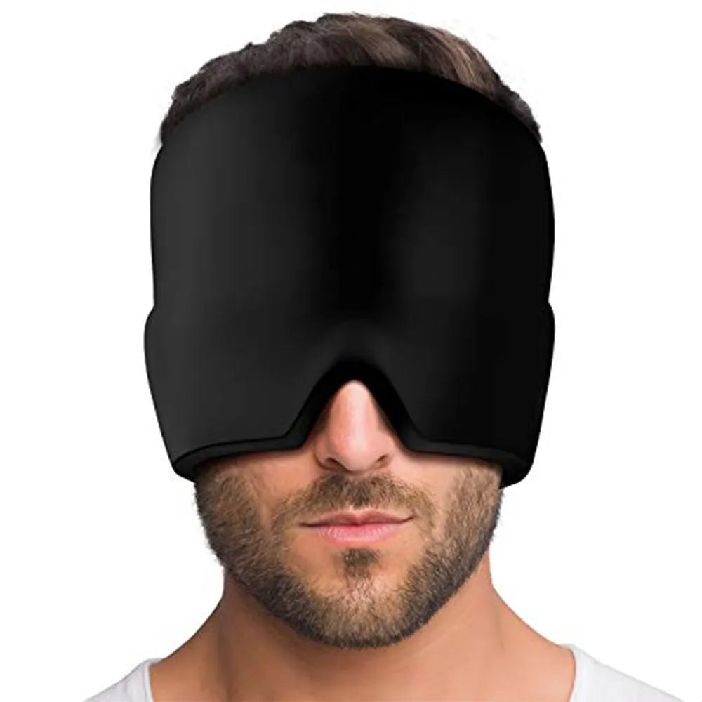 Black elastic cloth cooling gel eye mask for headache relief showing adjustable fit