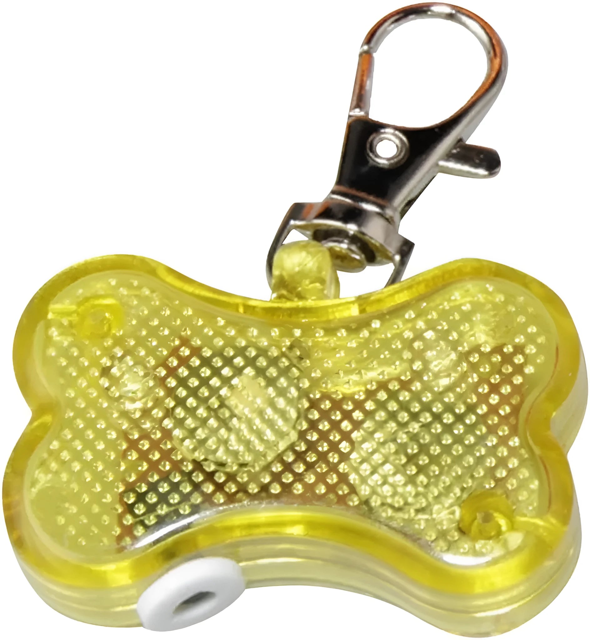 Blue LED luminous bone-shaped pendant for pet collars showing scale next to LR44 batteries.