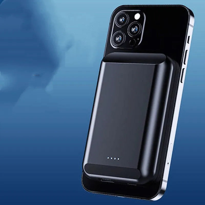 Son magnetic wireless power bank in black, blue, green, pink, or white, showing compact 85mm x 55mm size.