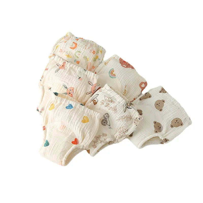 Pure cotton gauze baby training pants with waterproof layer, fun print, sizes 80-110 for potty training