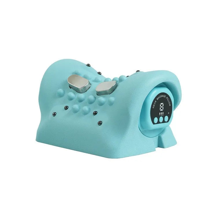 Blue-green cervical spine massage pillow showing EMS technology and hot compress function