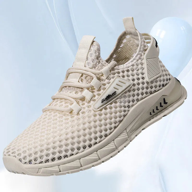 Men's beige casual sneakers with mesh lining and lace-up front on a grey background