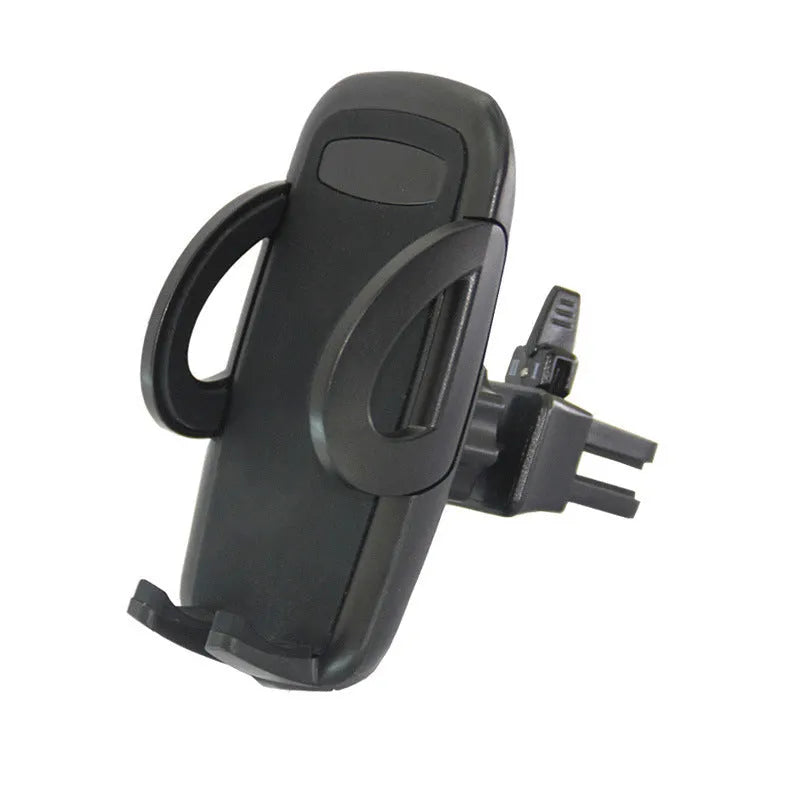 Black plastic car air vent phone holder attached to vehicle air conditioning outlet with mobile phone secured