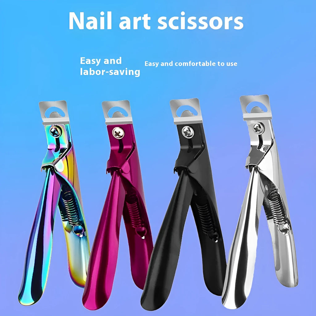 French U-shaped stainless steel nail art scissors shown in black, titanium, and silver handle finishes.