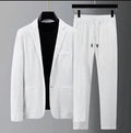 Men's casual suit set thin polyester spring summer black or white long sleeve top and trousers