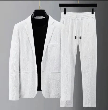Men's casual suit set thin polyester spring summer black or white long sleeve top and trousers