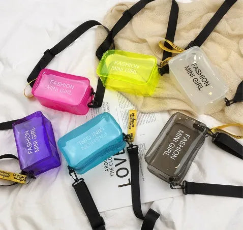 Transparent square jelly women's shoulder bag with a diagonal cross strap, shown in multiple colours.