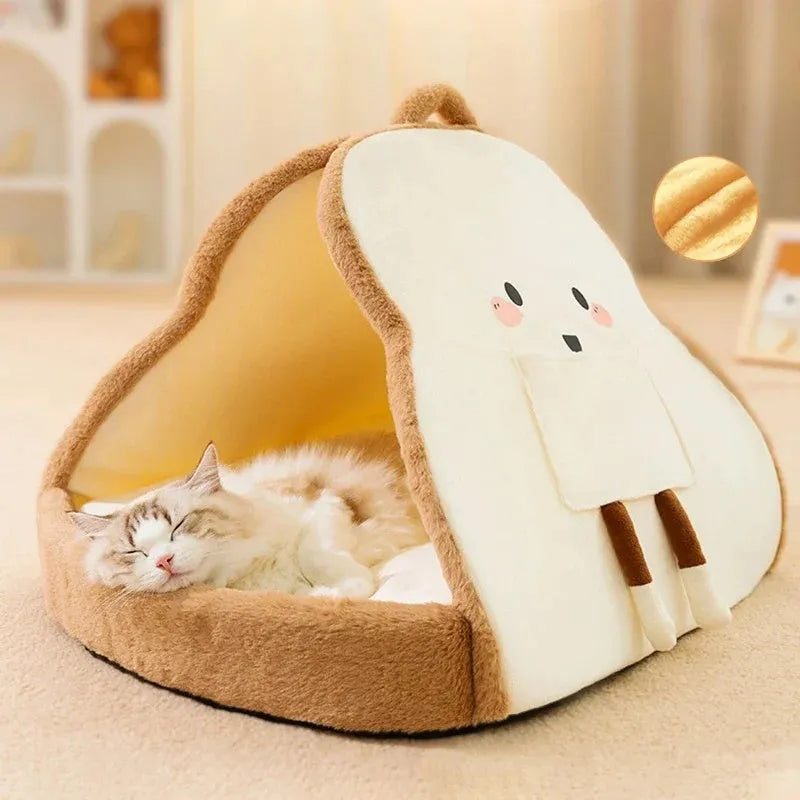 Green winter cat tent pet bed with a removable blanket inside, shown next to a yellow version.