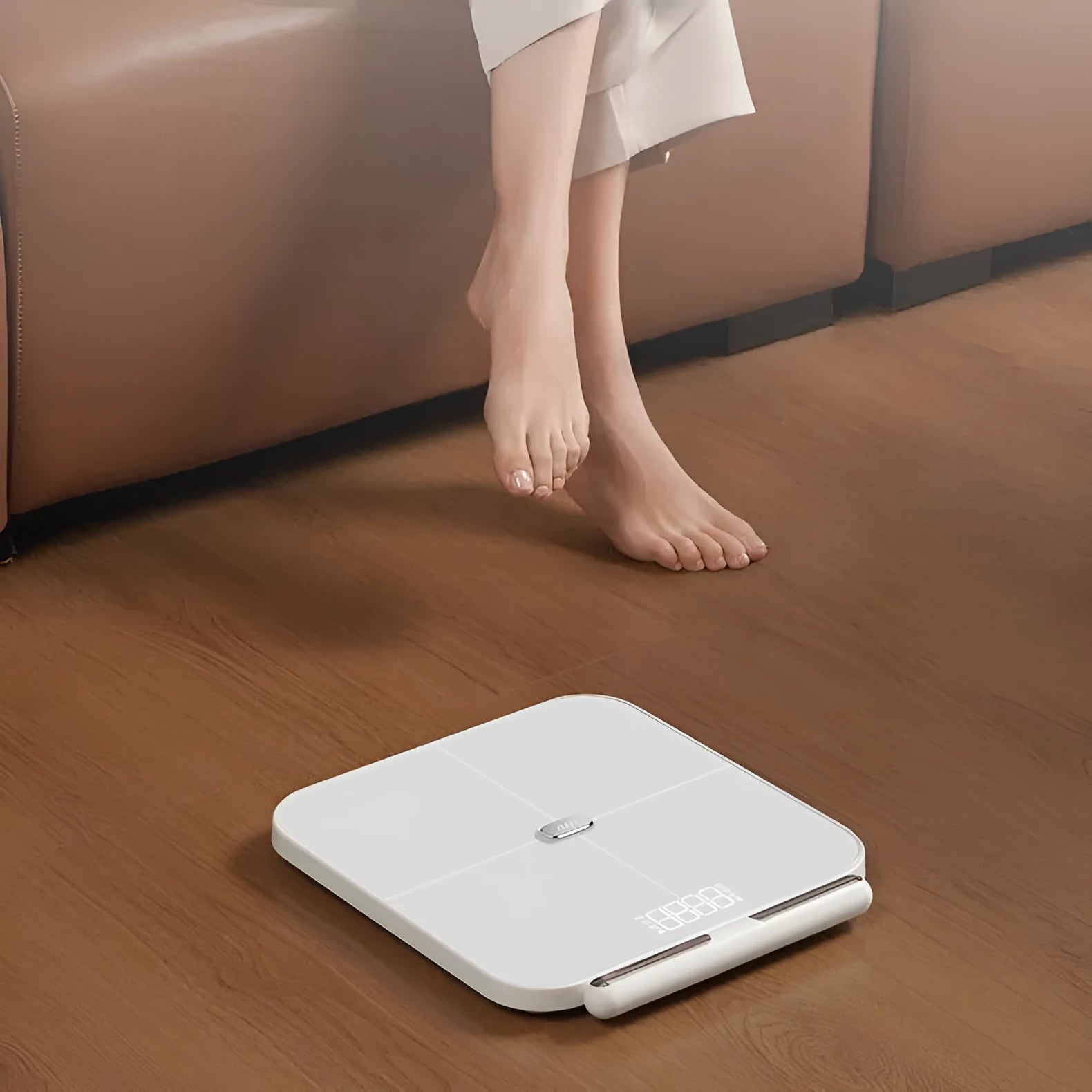 White smart body fat scale with 8 electrodes and LED display on tempered glass platform